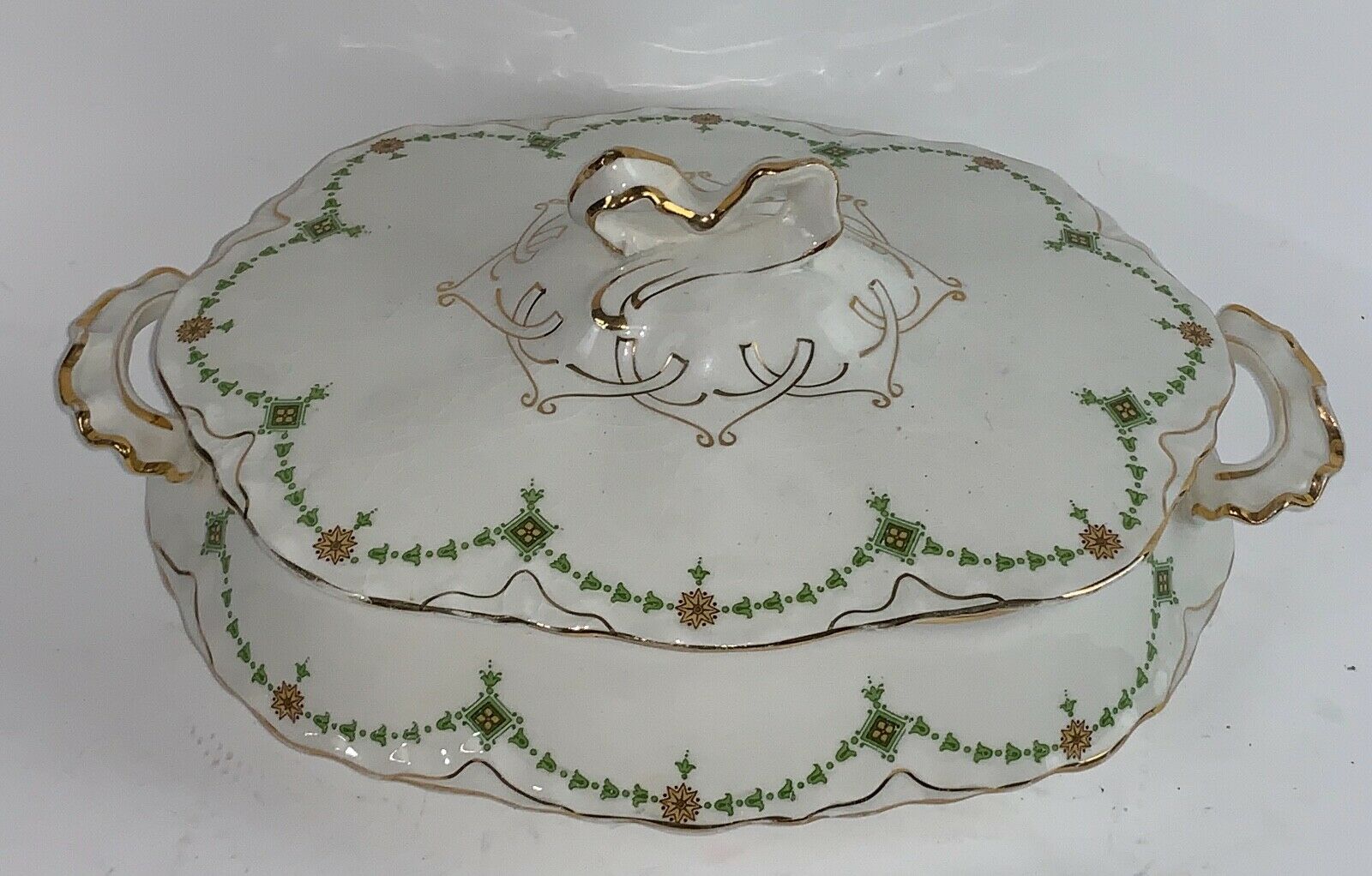 W S George Radisson Casserole Dish With Lid Early 1900's White,gold Htf Antique