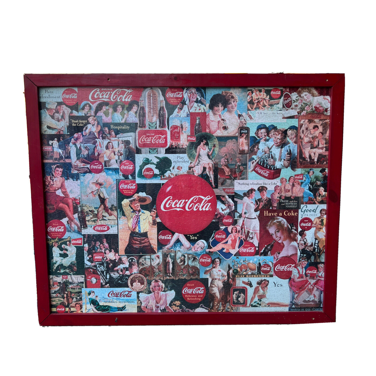 Vintage Framed Coca Cola Coke Jigsaw Puzzle Advertisement 45”x38”