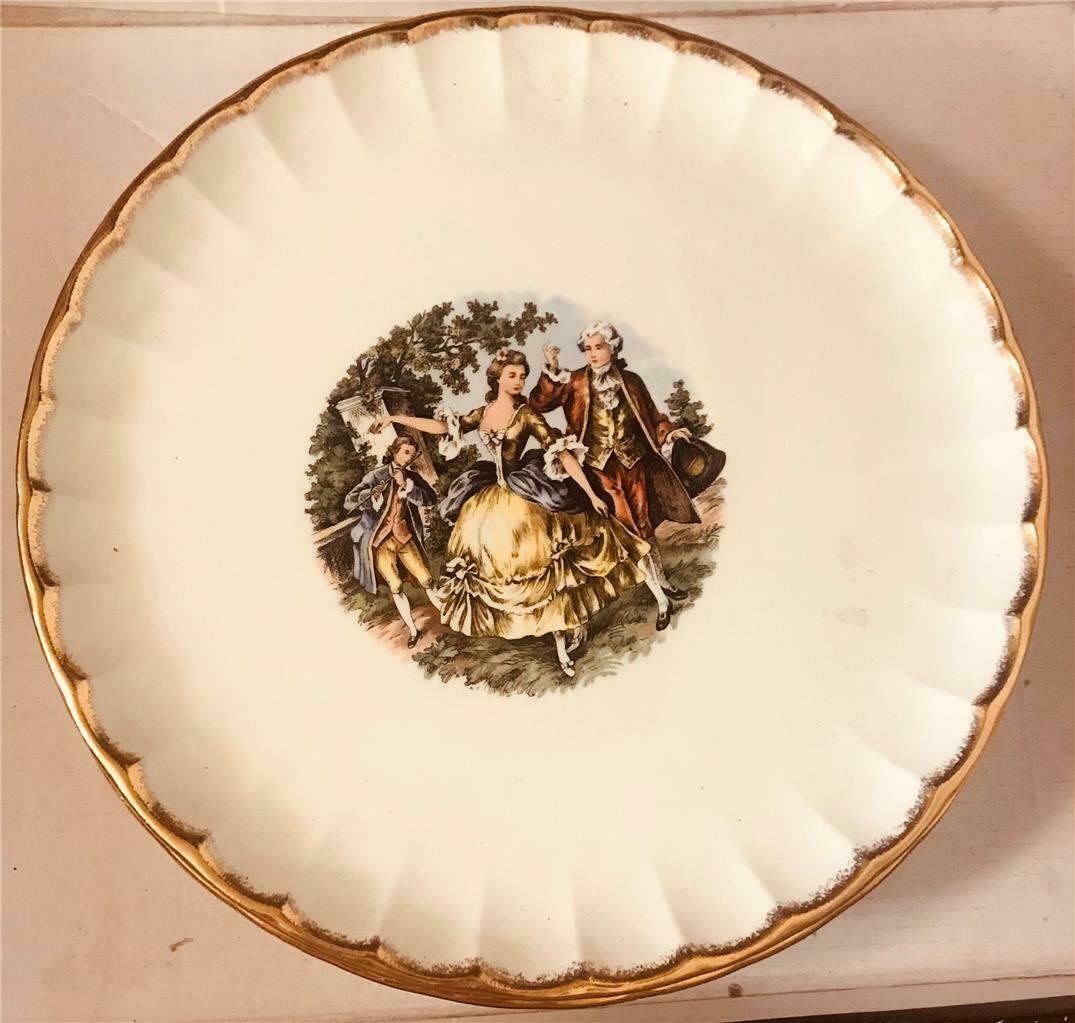 Set Of 4 Vintage W S George China 10” Plates - 22 K Gold Trim W Victorian Scene