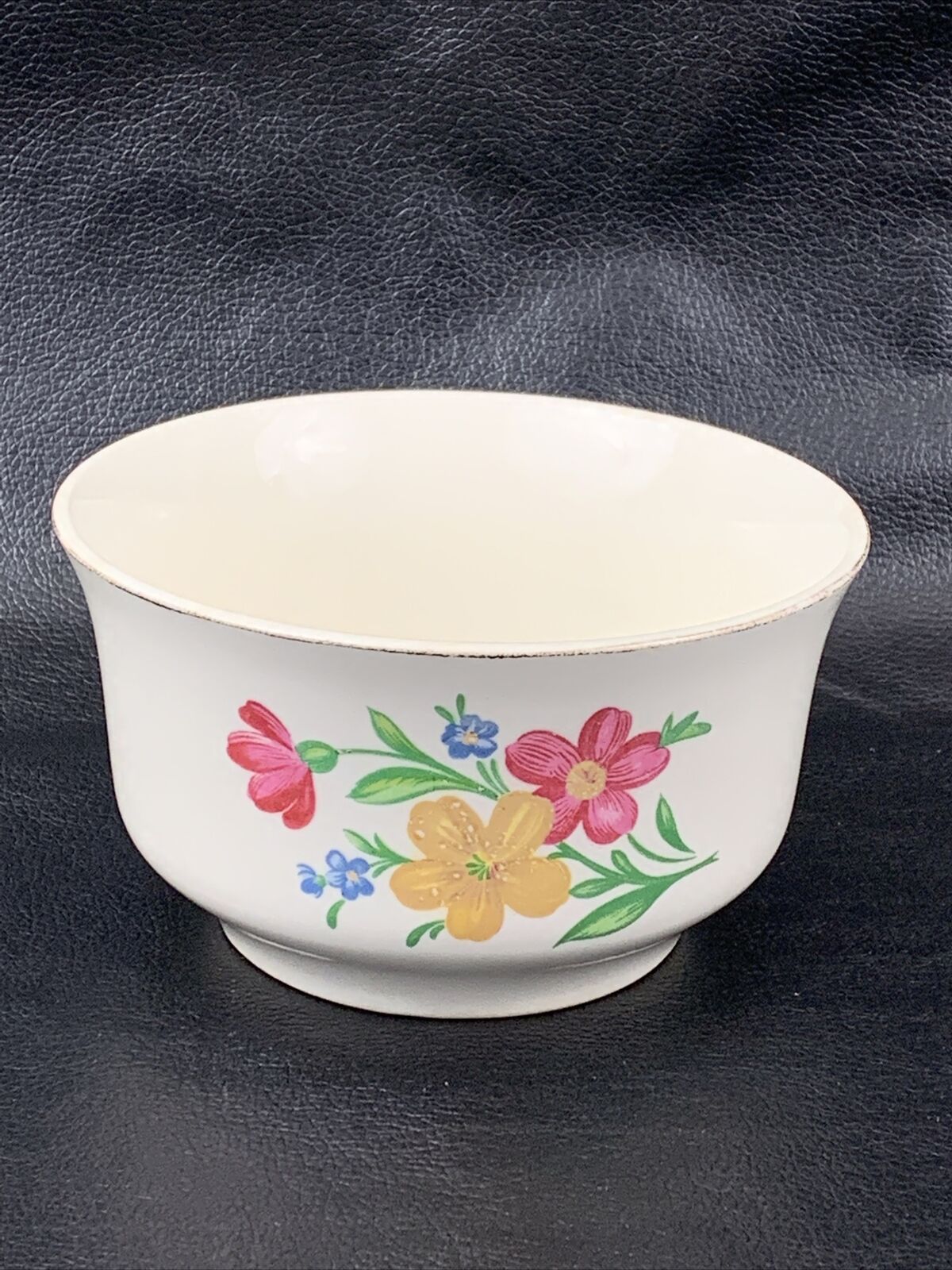 W S George Cereal Soup Bowl Ivory Gold Trim Yellow Pink Blue Flowers 1960s 5” D