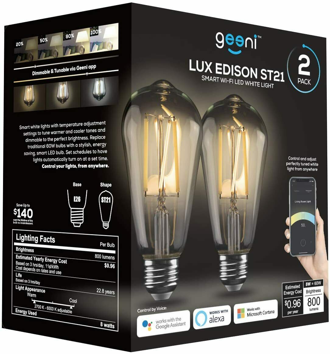 Geeni Lux Edison St21 (st64) Edison Wifi Led Smart Bulb, 8w, E26 Base 2 Pack