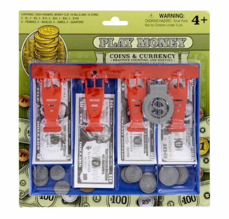 Play Money Sets, 34 Pc 16 Paper Bills 16 Coins Plastic Cash Drawer. Color Blue