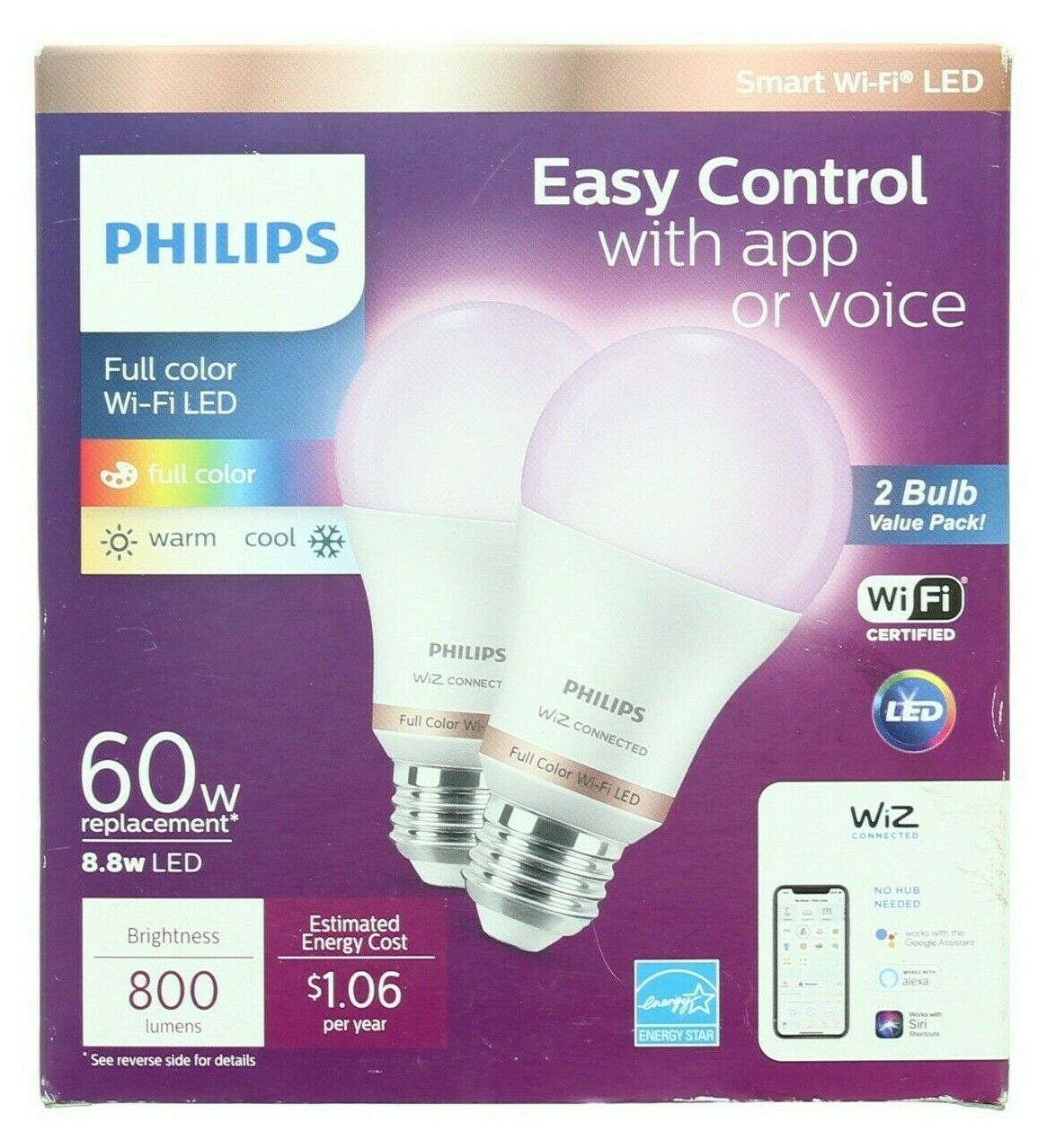 Philips 2-pack Smart Light Bulbs Wi-fi Led Full Color 800lm 60w Replacement